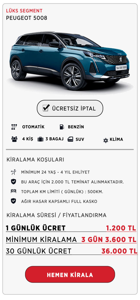 Kiralık Peugeot - Kiralık Peugeot 5008 - Kiralık Araç - Günlük Peugeot - Aylık Peugeot - Aylık Peugeot 5008