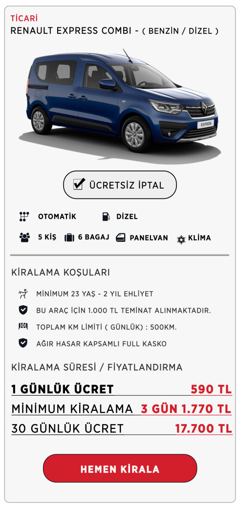 Kiralık Renault Combi - Kiralık Araç - Kiralık Combi - Kiralık Renault - Aylık Kiralık Combi - Panelvan - Ticari