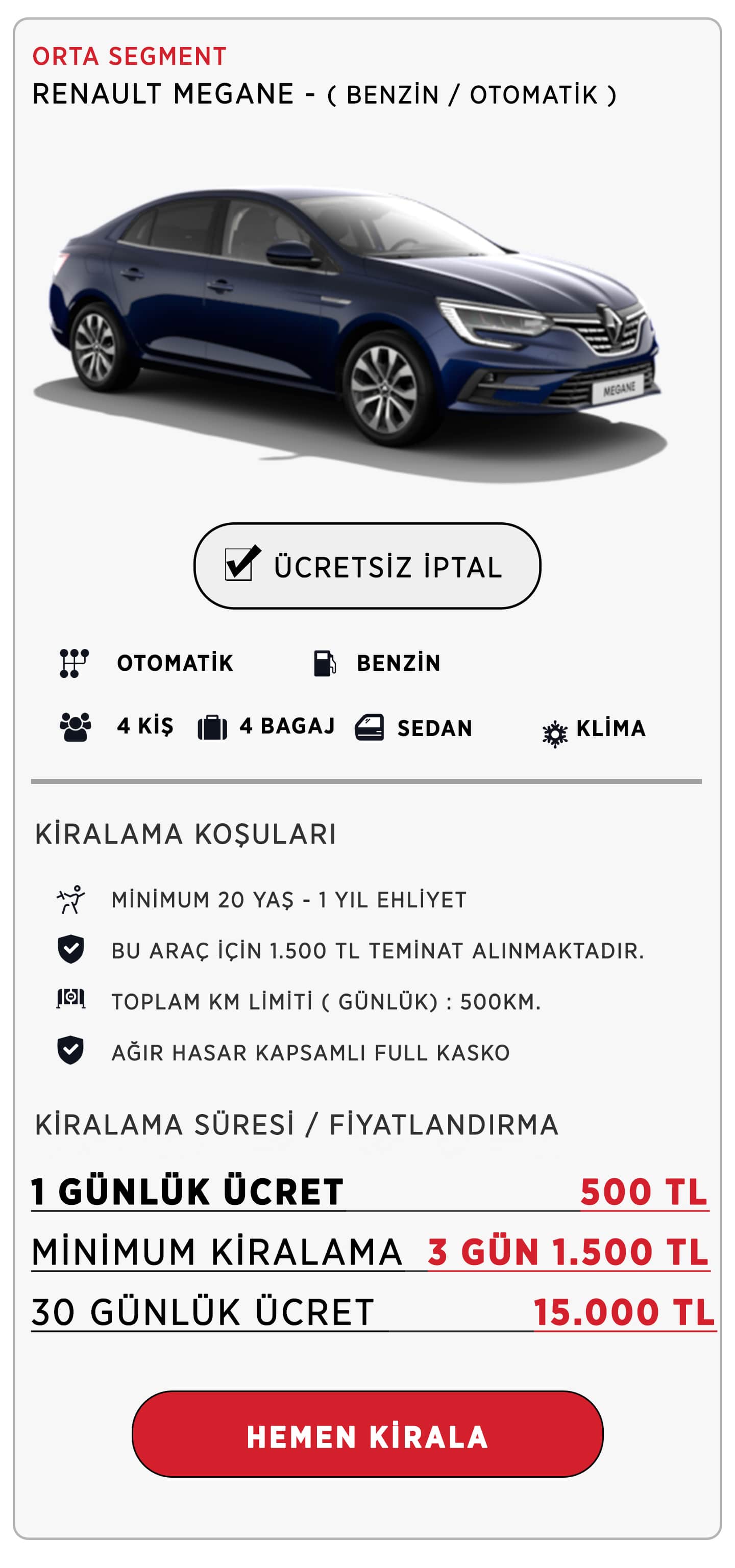 Kiralık Renault Megane - Kiralık Araç - Kiralık Megane - Kiralık Renault - Aylık Kiralık Megane